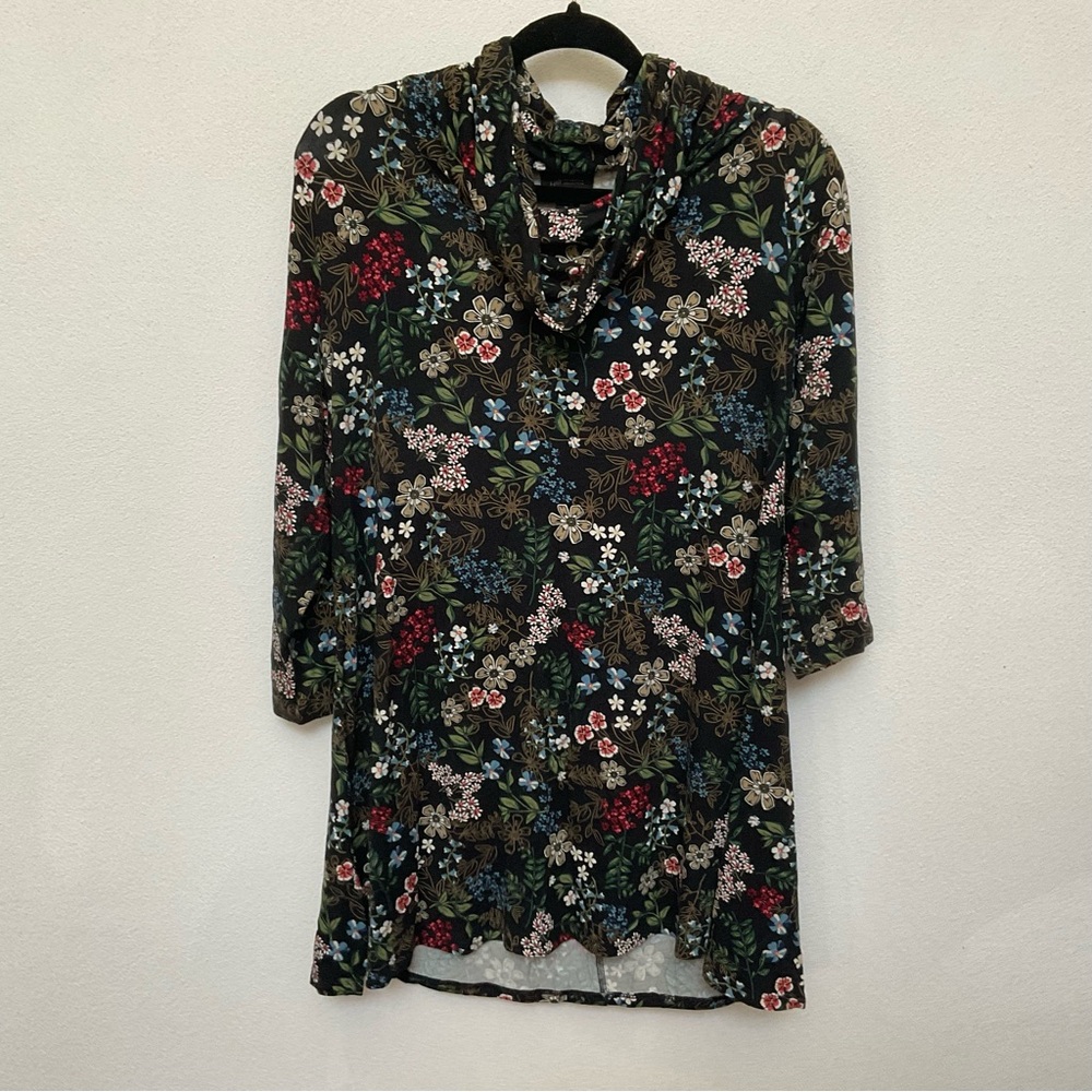 J. Jill Collection Navy Blue Cowl Neck Floral Print Tunic Top Size Medium